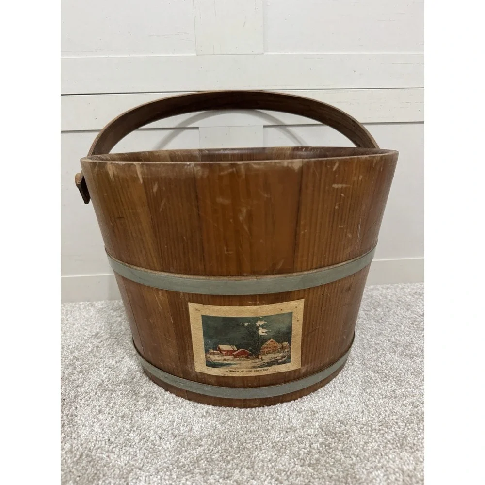 Antique PRIMITIVE Vintage Wooden Bucket w/ Swing Handle 2 Metal Bands Christmas